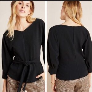 Anthropologie Shirt - black ribbed v-neck 3/4 sleeve with attached tie